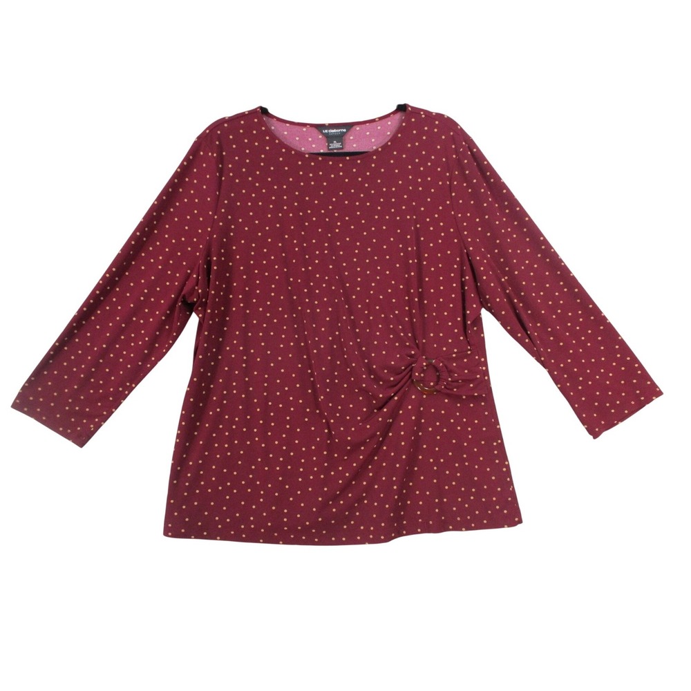 Liz Claiborne Career Womens XL Burgundy Gold Polka Dot Side Ring Long Sleeve Top